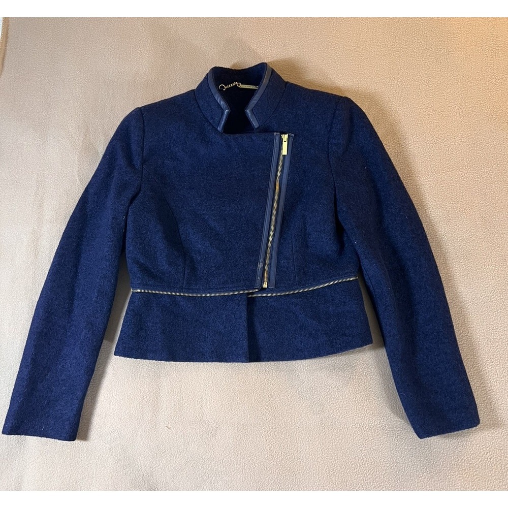 IMAN Navy Wool Blend Moto Jacket Women's Medium Cropped Asym Zipper Lined